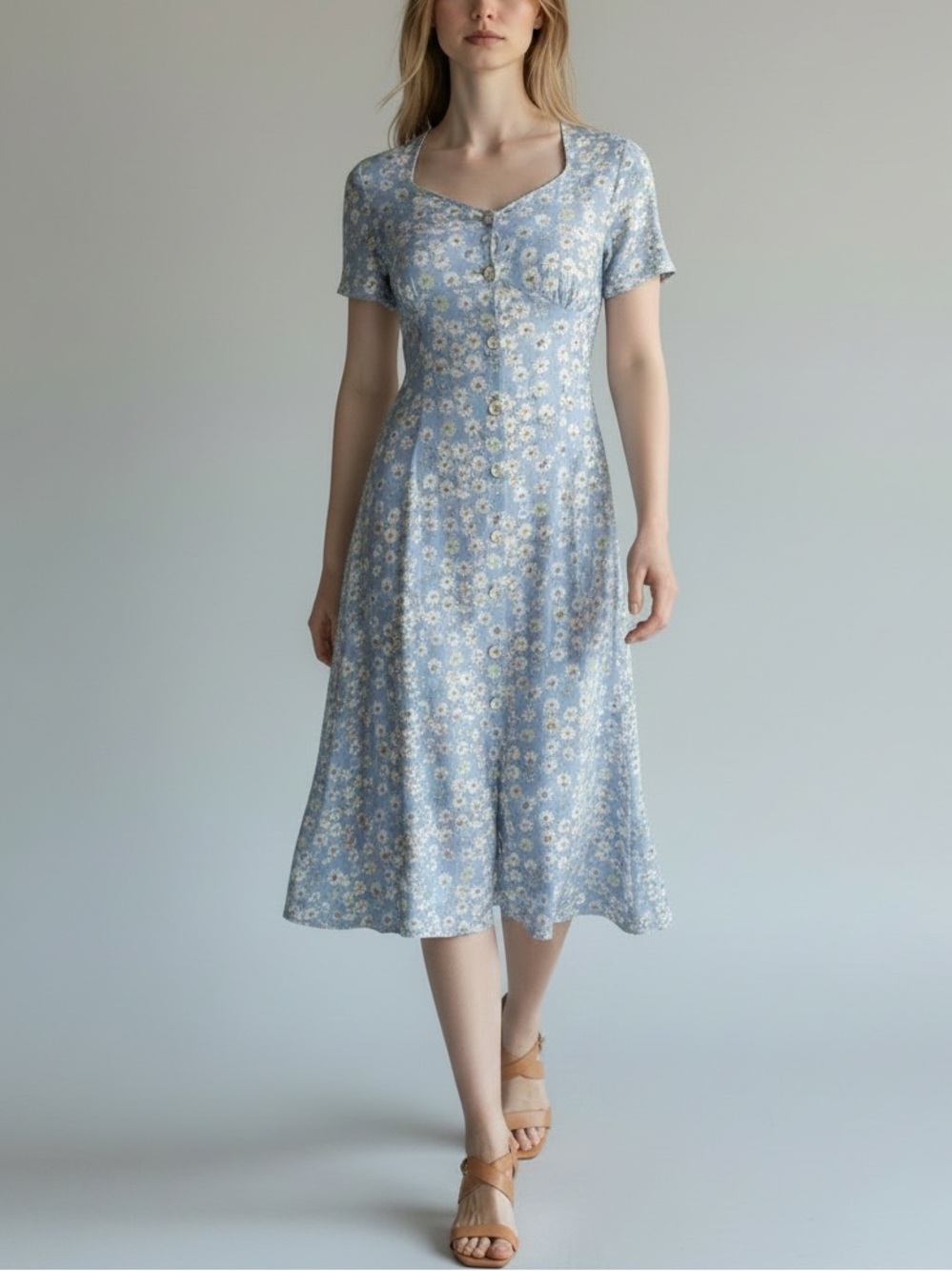 Vintage 80’s Marks & Spencer Button Front Floral Midi Dress In Pale Blue Mix | 6 - Picture 2 of 14